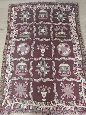 Vintage Folk Art Woven Tapestry Throw Blanket Reversible Colonial Country Scene
